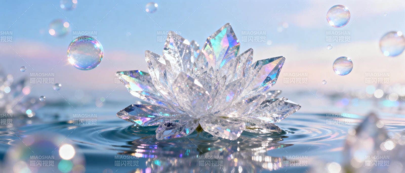 冰晶莲花水影图片