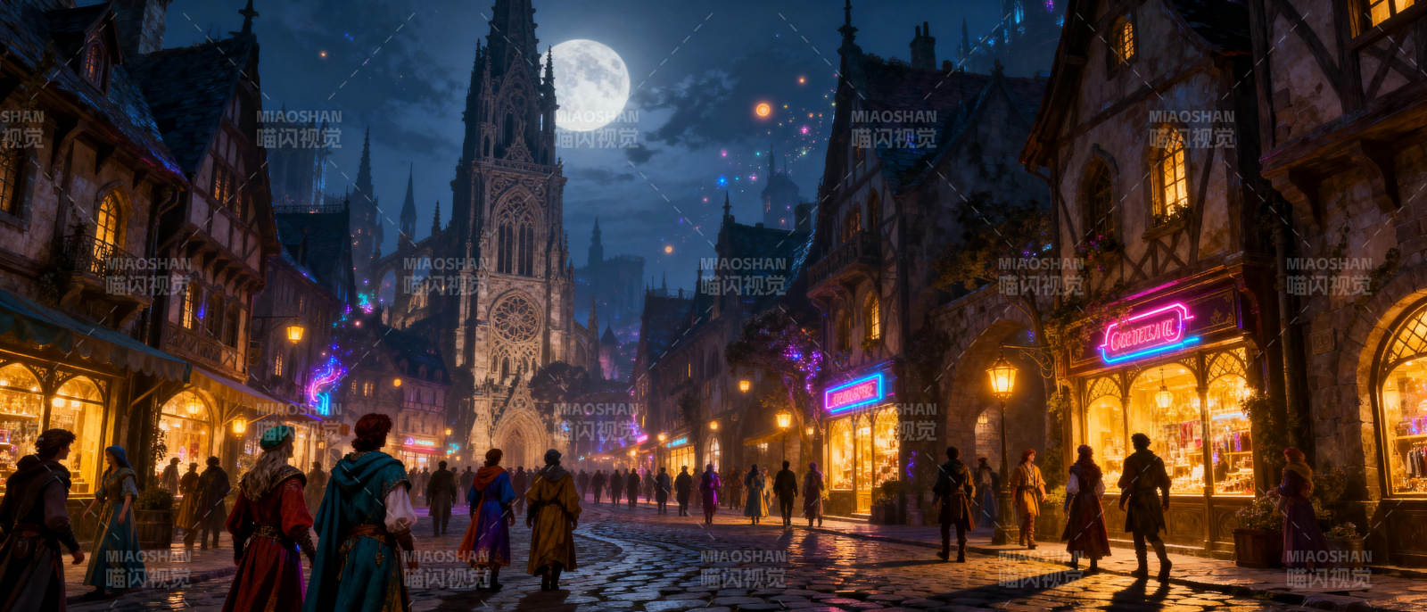 月夜古街繁华景图片