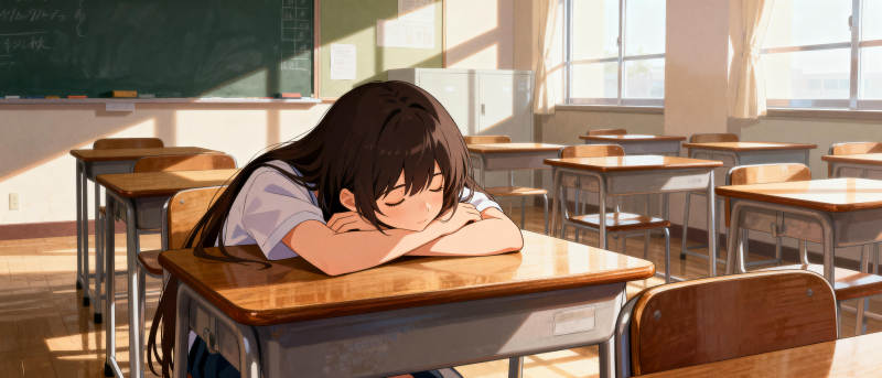 教室午睡的女孩图片