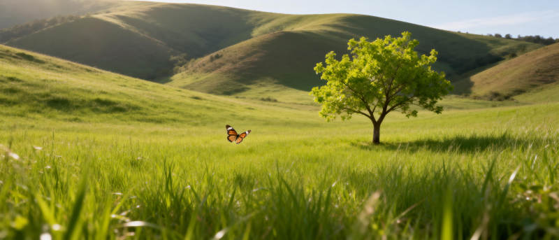 绿野孤树蝶舞图片