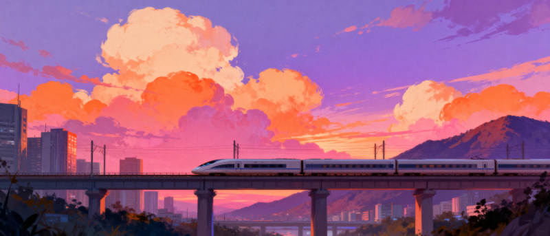 夕照高铁穿城过图片