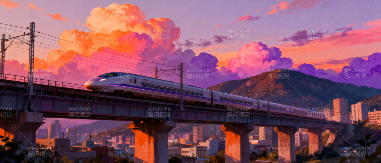 夕照高铁飞驰图片