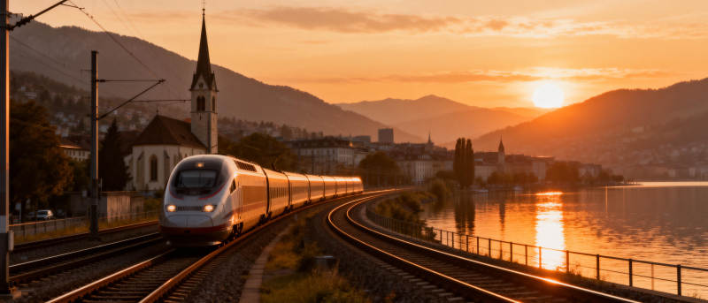 夕阳下的湖畔列车图片