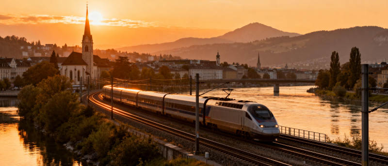 夕阳下的城市列车图片