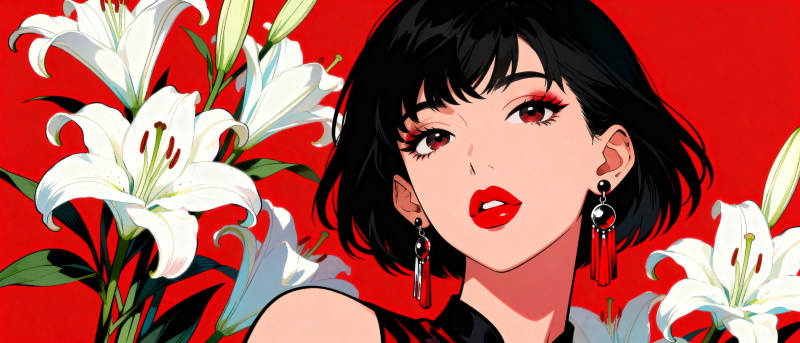 红唇丽人与白花图片