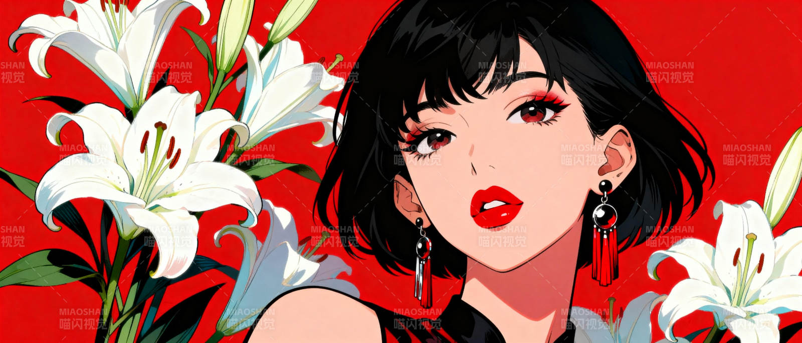 红唇丽人与白花图片