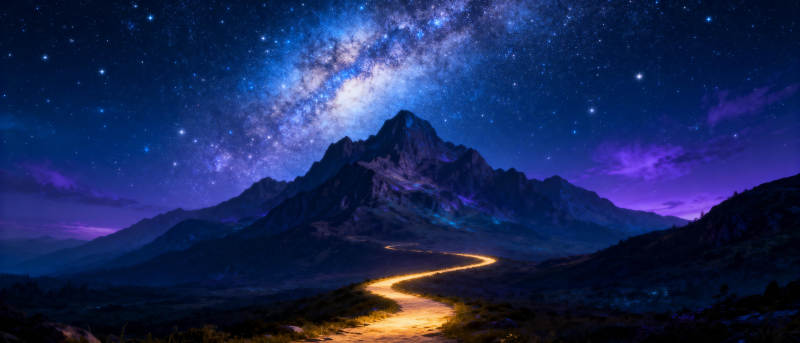 星河下的山间小路图片