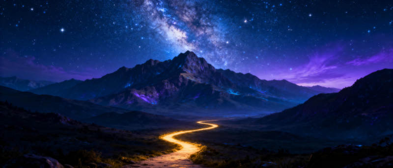 星河下的山间夜路图片