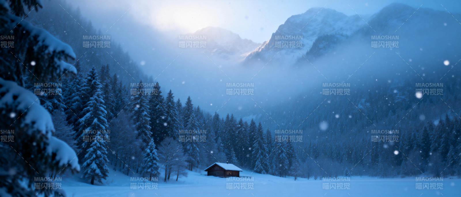 雪夜山居静谧景图片
