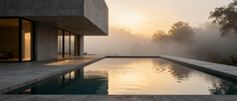 晨雾中的现代泳池图片