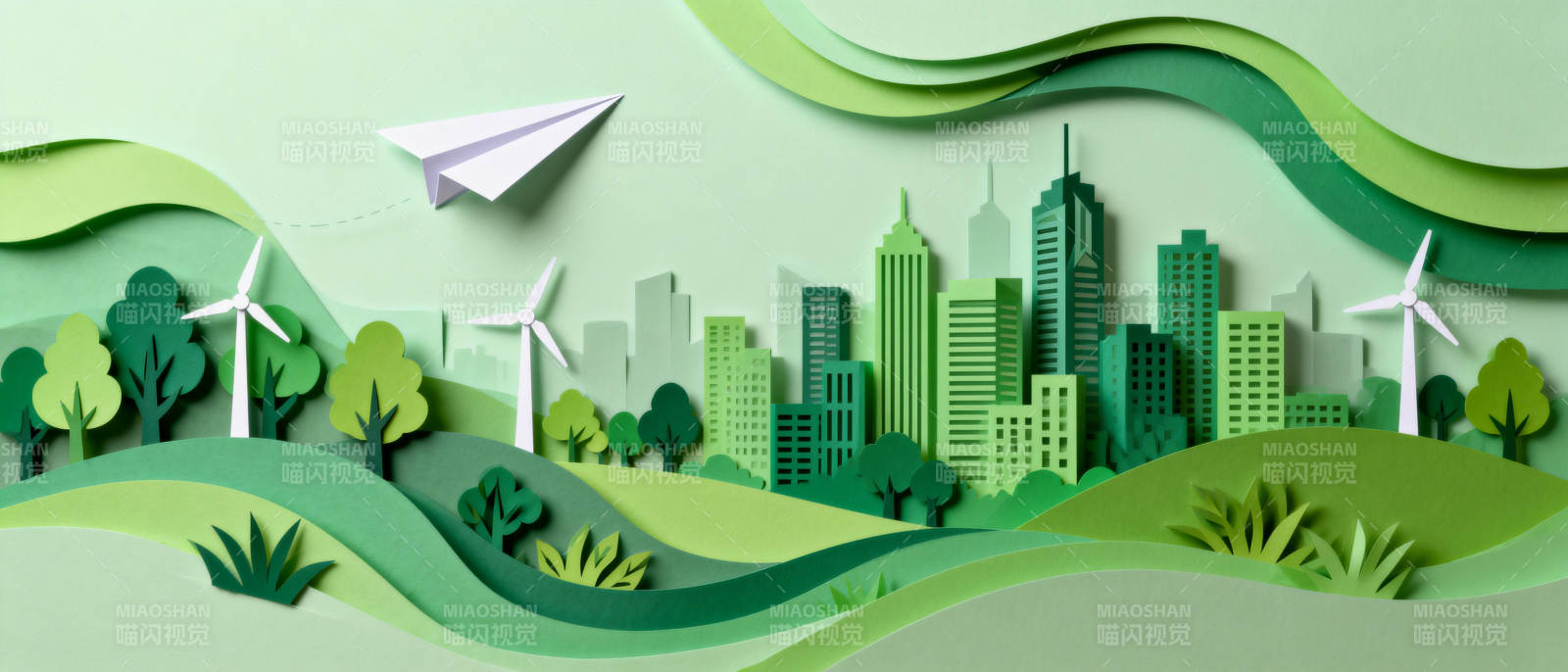 绿色城市 纸飞机飞翔图片