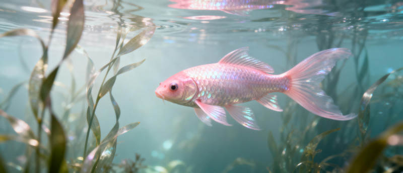 粉红金鱼游水草图片