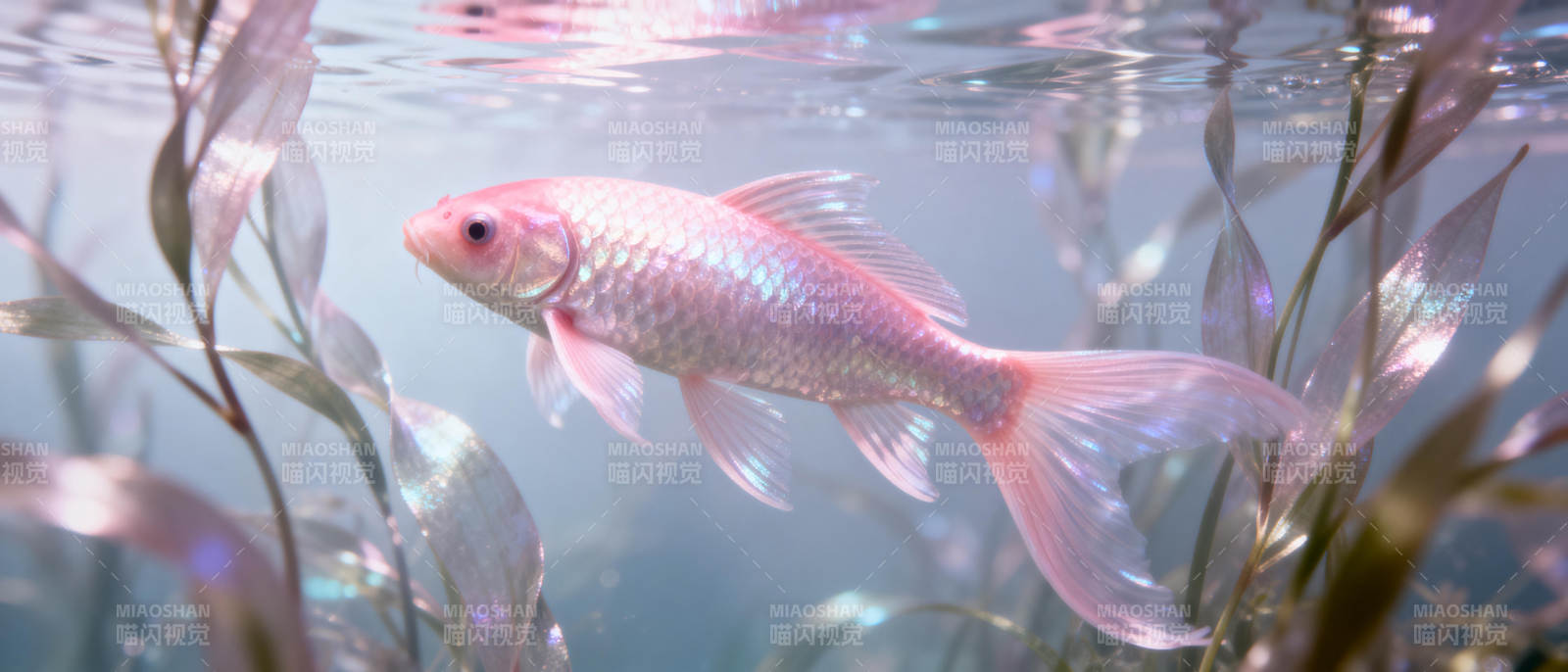 粉红锦鲤游水草图片