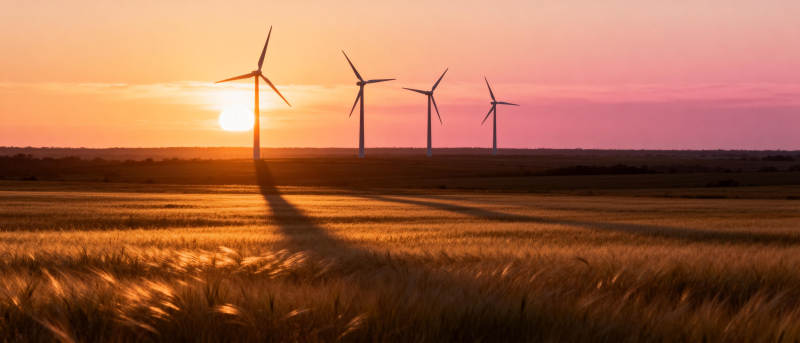 风车日落田野图片