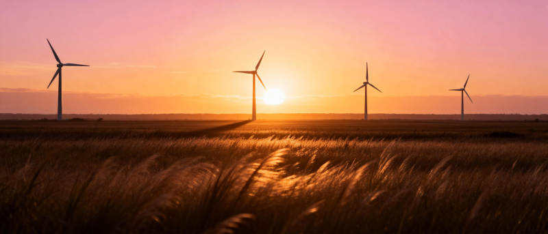 风车日落田野图片