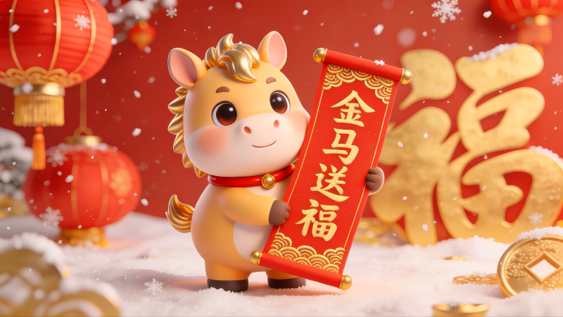 马年金马送福迎新春3d插画场景图片