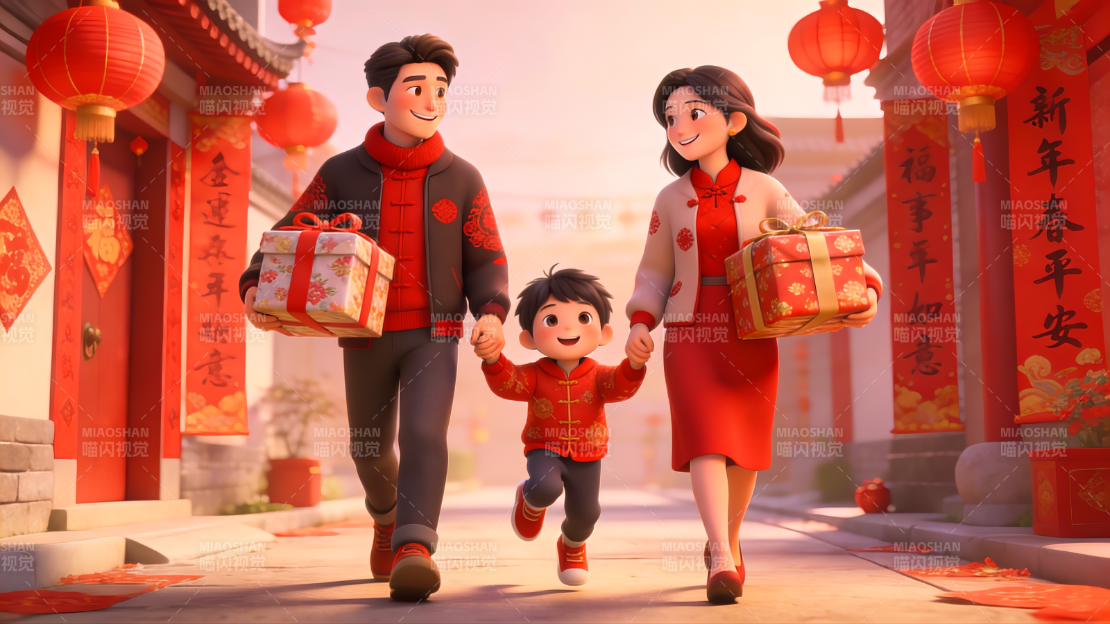 春节初二回娘讲新春团圆喜迎年3D插画场景图片