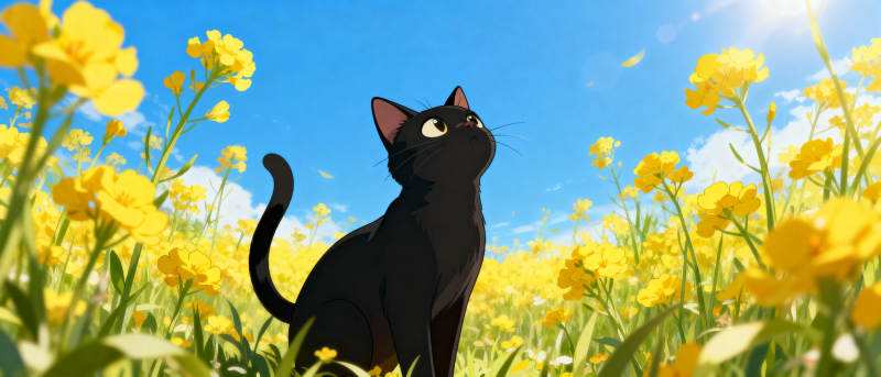 黑猫花间望天图片