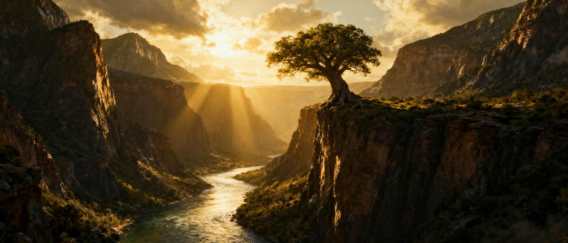 孤树映日峡谷图片