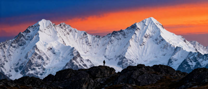 雪山日落人影图片