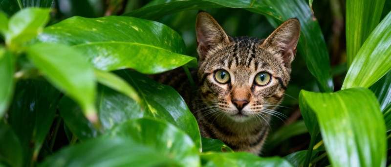 猫隐绿叶间图片