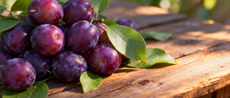 紫李鲜果静置木桌图片