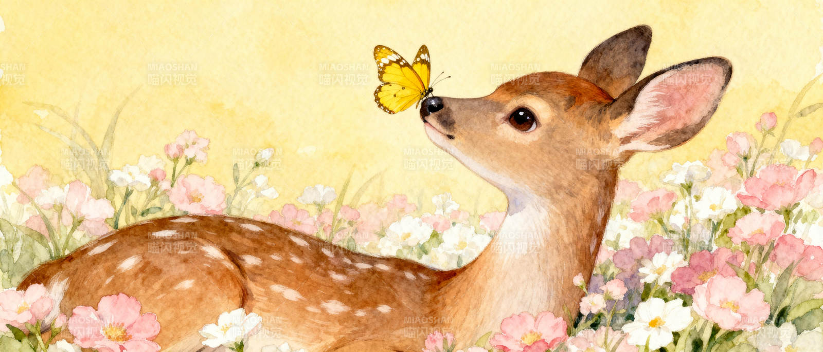 鹿与蝶的花间邂逅图片