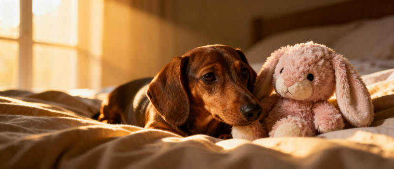 狗狗与毛绒玩具相伴图片