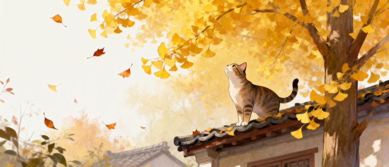 秋日屋檐猫影图片