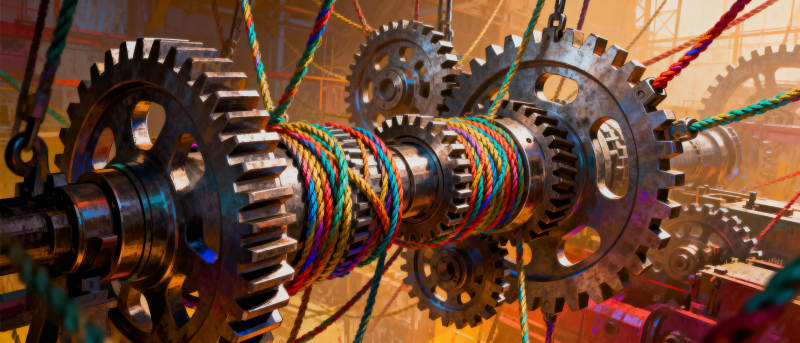 齿轮与彩绳交织图片