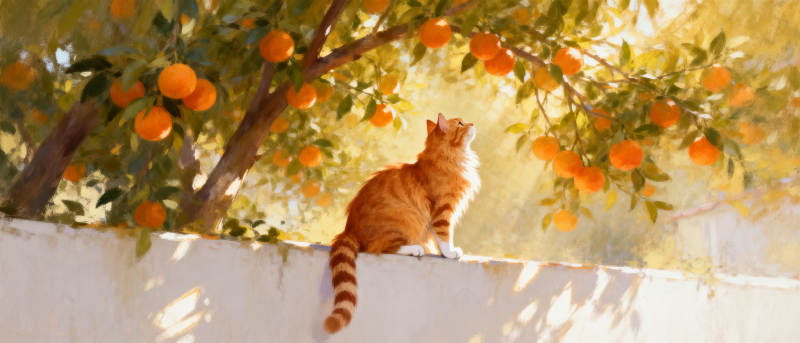 橙猫树影间图片
