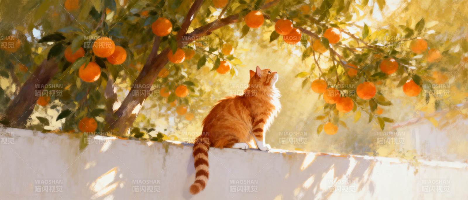 橙猫树影间图片
