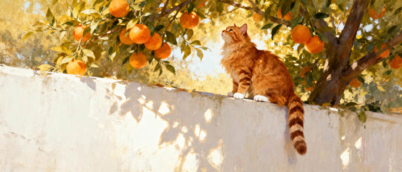 橙猫墙头望果树图片