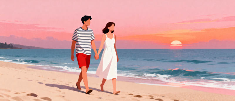 夕阳下的海滩散步图片