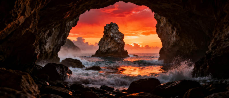 洞穴夕照海景图片