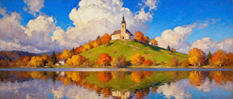 秋湖映教堂图片