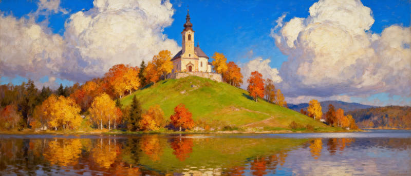 秋湖教堂倒影图片