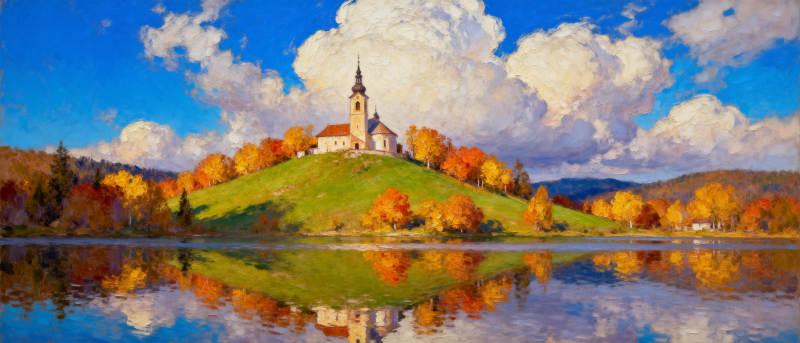 秋湖映教堂图片