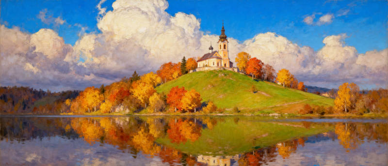 秋湖教堂倒影图片