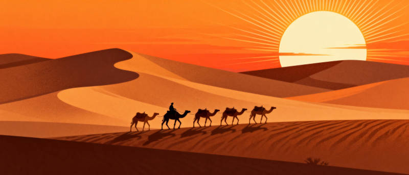 沙漠驼铃夕阳图片