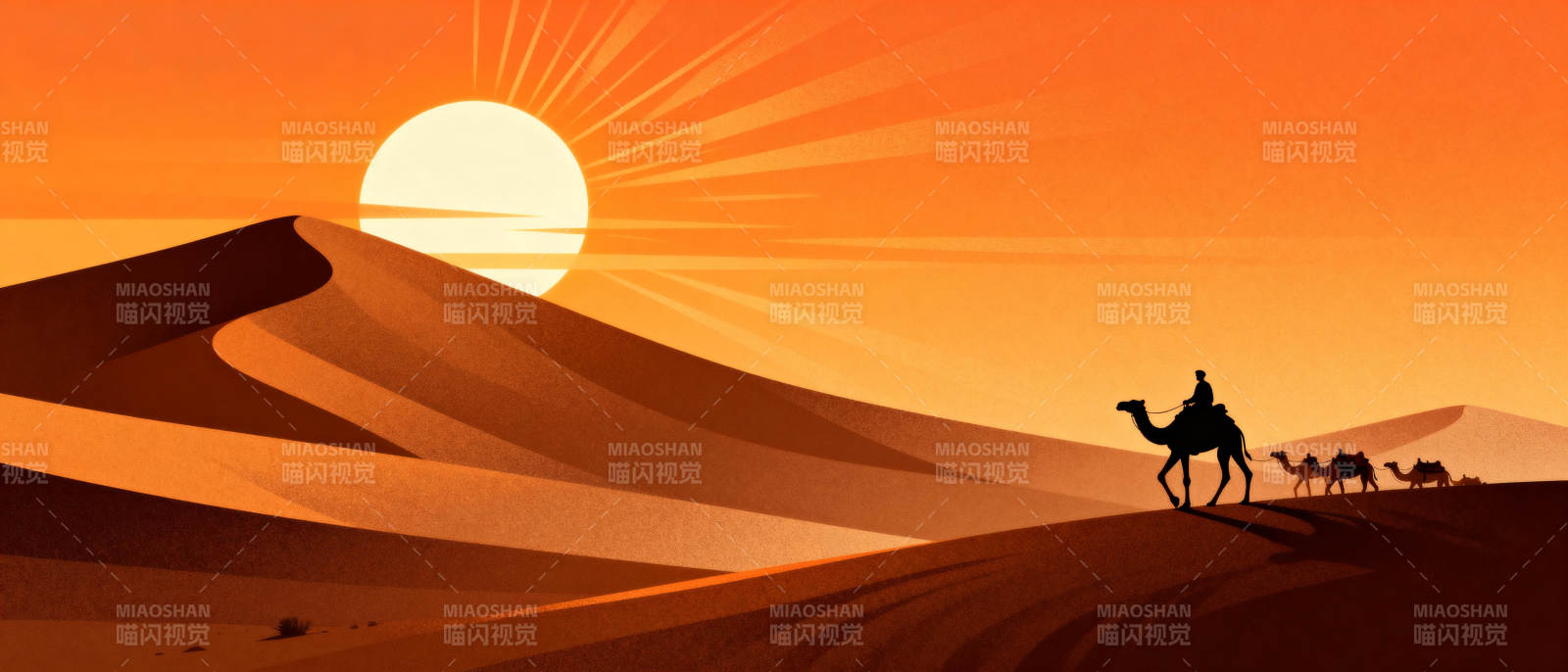 沙漠驼影夕阳图片