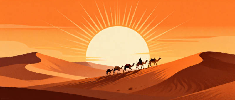 沙漠驼队日落行图片