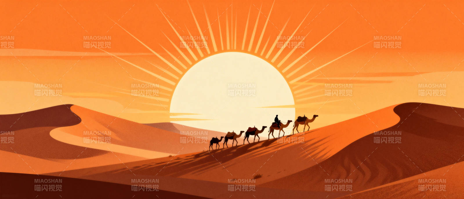 沙漠驼队日落行图片