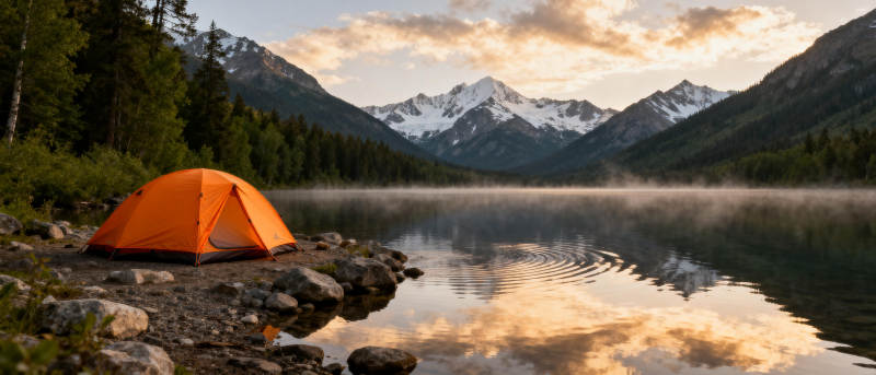 湖畔橙帐映山色图片