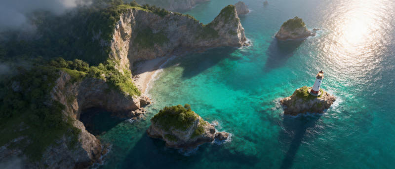 碧海孤岛灯塔图片