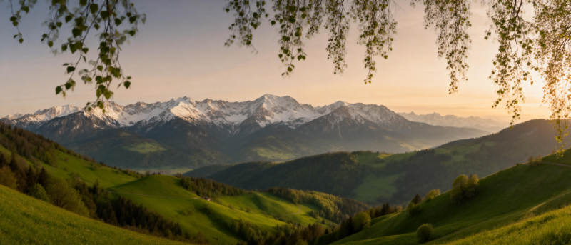 雪山绿谷晨曦图片