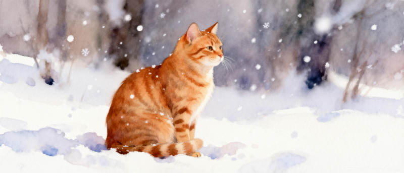 雪中橙猫静坐图片