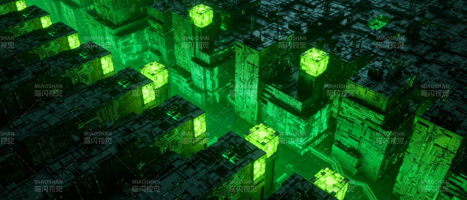 绿色立方体城市夜景图片