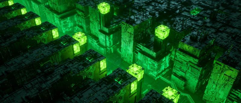 绿色立方体城市夜景图片