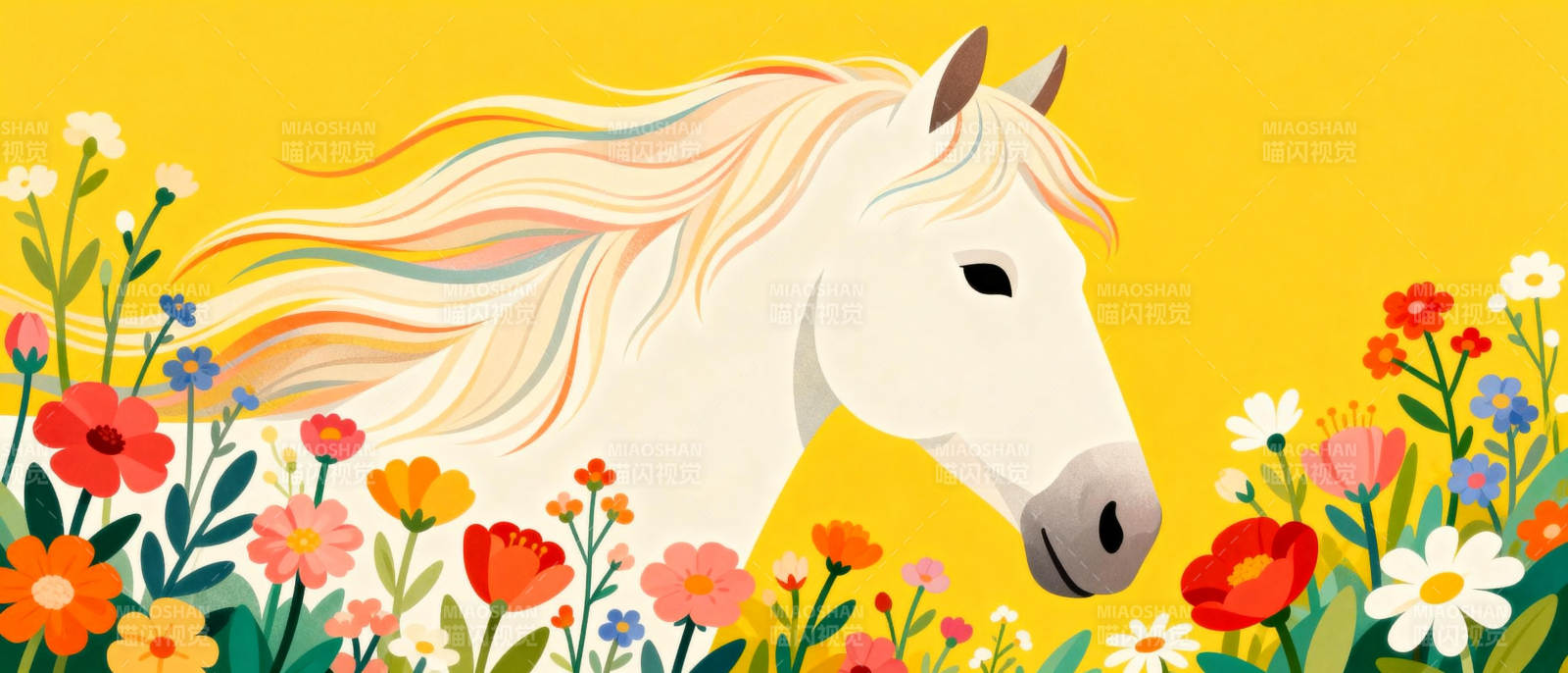 花丛中的白马图片